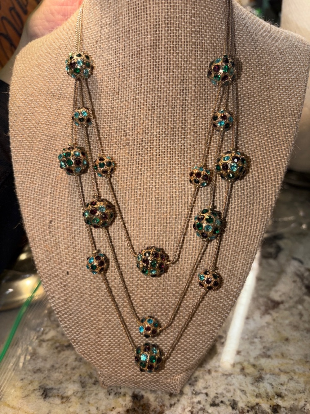 Multi-Strand Gold-Tone Necklace with Green and Purple Crystal Beads
